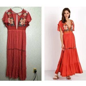 CLEOBELLA REVOLVE Amery Sheer Embroidered Coral Tiered Maxi Dress Size Small
